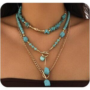 Boho Western Layered Necklace Set Turquoise Beaded Pendant Jewelry Gift